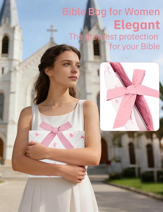Bible Sleeve for Women Girls - Hand Carry Large Bible Cover with Pink Lace - Washable Padded Bible Case with Bible Study Supplies- Christian Gift for Women Girls Friends