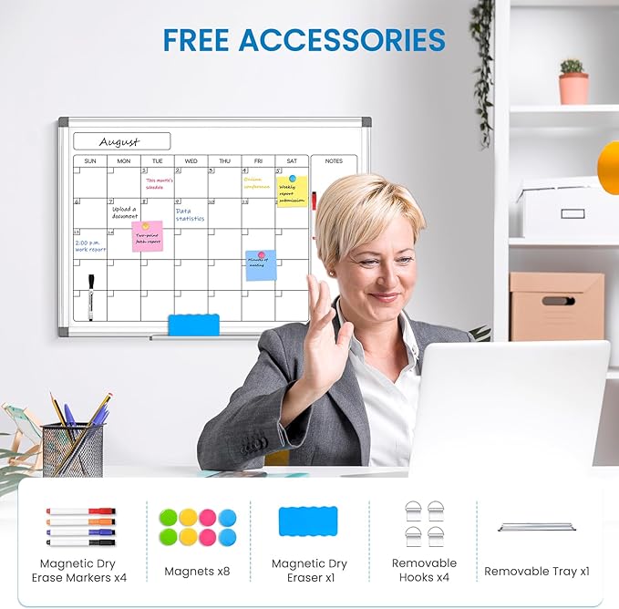 Monthly Calendar Dry Erase Whiteboard for Wall, 30" x 20" Double-Sided Large Calendar White Board, Magnetic Portable Hanging Board for Office, Home, School
