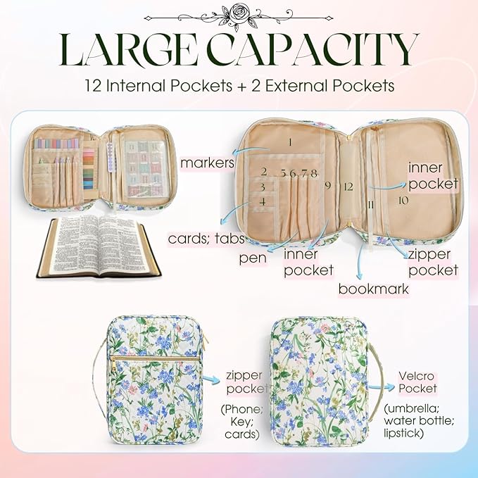 Flower Bible Cover Cases, Quilted Cotton Bible Bag with Multi Pockets 26 Pcs Study Supplies Journaling Kit, Durable Book Carrying Cases Easter Stuffers Gifts with Green Blue Flower Print