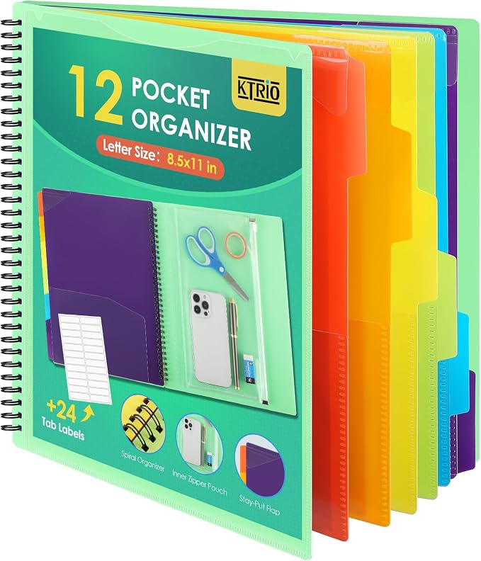 KTRIO 12 Pocket Project Organizer, Letter Size Spiral Binder,Green | 12 Pocket Storage,Letter Size Fit,Water-Resistant Poly,Zip Pouch Included,Writable Color Tabs