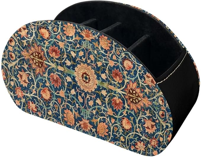William Morris Fruit Print TV Remote Control Organizer PU Leather Desktop Storage Box,Table Caddy,Desktop Storage for Media Players/Controllers/Eyeglasses/Makeup Brushes/Pens