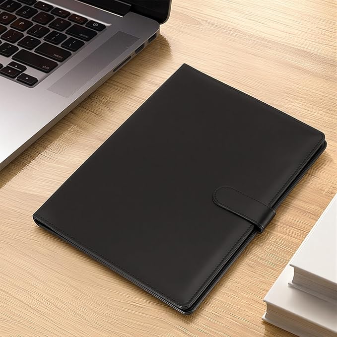 Professional Padfolio with Clipboard, Faux Leather Portfolio Folder Binder, Legal Pad Holder for A4 Letter Size Notepad, Resume, Writing Pad, Ideal Organizer for Business Office Conference, Black,