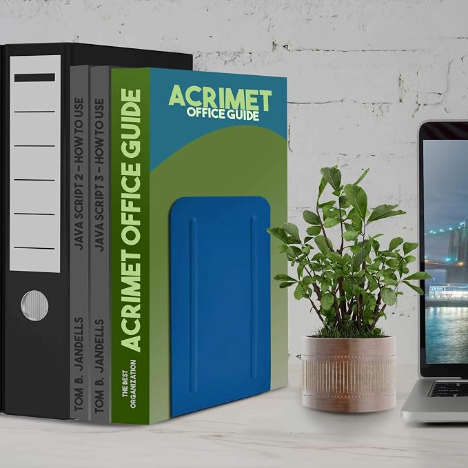Acrimet Bookends for Shelves, Non-Skid Book Holder, Heavy Duty Book Stopper, Steel Metal Book Ends Storage for Home, Library, 6 7/8" H x 4" W x 4 1/2" D (Deep Blue) (2 Pairs / 2 Pieces)