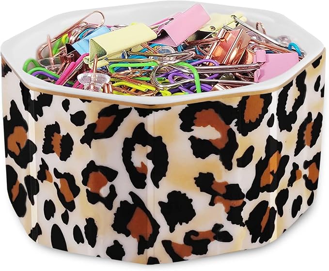Ceramic Paper Clip Holder Gold Line Paper Clip Dispenser Organizer for Desk Cute Leopard Office Binder Clip Holder Bobby Pin and Hair Clip Holder Gift for Office Brown