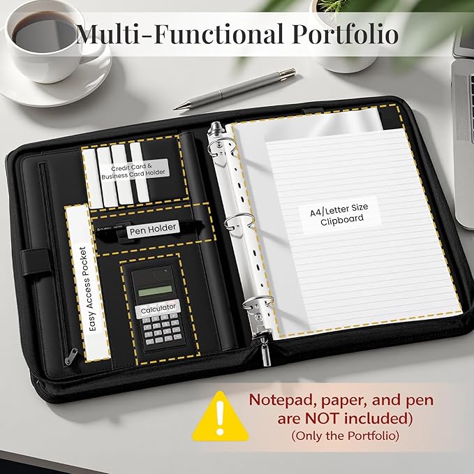 3-Ring Padfolio Portfolio Organizer Binder,Faux Leather Interview Resume Folder,Letter Size A4 Legal Writing Pad Holder for Business School Office Conference Notepad Clip Boards (Black)