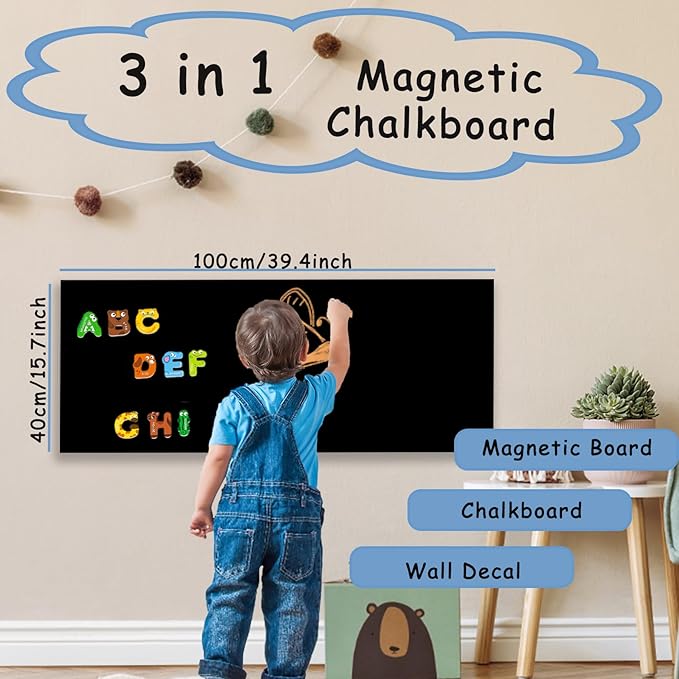 Magnetic Chalkboard Contact Paper for Wall,Peel and Stick Self Adhesive Blackboard Wall Decal Roll for Home School,40" x 16",Black (CB-BK-40100)