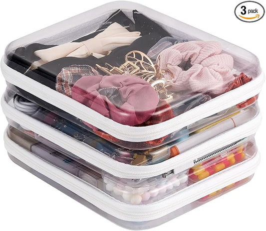 3 pack 10" Clear Zipper Pouches Portable Hard Shell Ccosmetic Case Plastic Storage Bag for Organizing