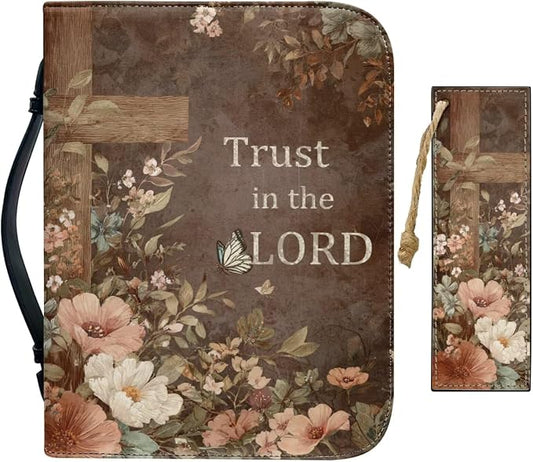 Vintage Style Brown Floral and Cross Bible Case with Bookmark Waterproof Bible Cover Case for Women Lightweight Bible Bag with Handle Pockets Church Book Bag