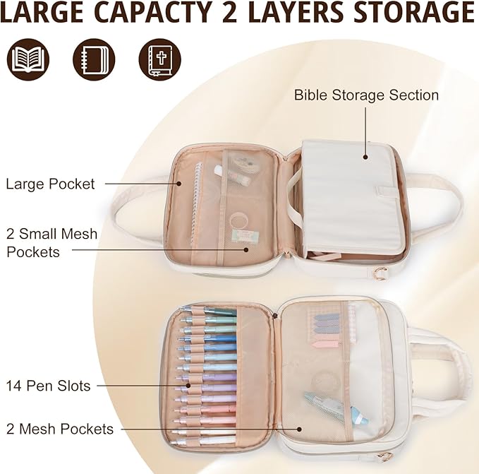 Large Bible Cover for Women,2 Compartments Bible Carrying Case With Handles Shoulder Strap, Soft Puffy Quilted Bible Bags With Book Cover Organizer, Bible Tote For Church Study Supplies Accessories