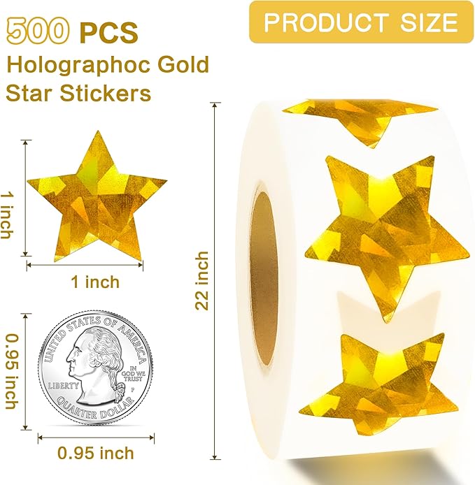 Gold Star Stickers for Kids Reward,Self-Adhesive Good Foil Star Stickers,Glitter Star Stickers Large 1 Inch,Holographic Stickers Chart for Kids Behavior,Students Teacher School Classroom 500 Pcs