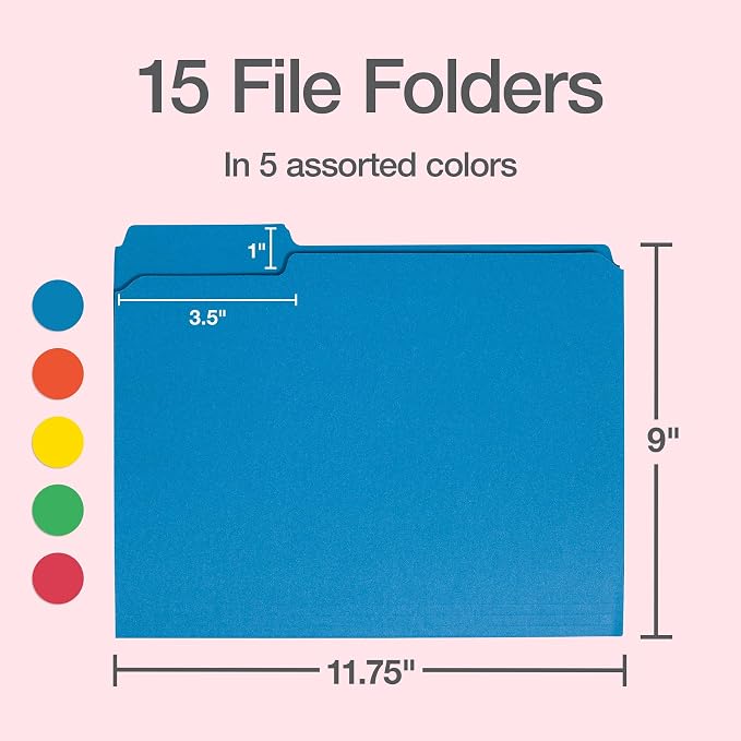 Oxford Colored File Folders, 15 Pack, 3 Tabs, 5 Assorted Colors, Letter Size (8.5" x 11"), Color-Coding for School, Office & Home Document Organization