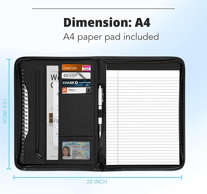 Zippered Portfolio Organizer/ A4 Refillable Lined Writing Notepad Folder Case/Textured UltraHyde-Covered Padfolio Binder with Interior Storage Pocket for Men Women.Textured UltraHyde Black