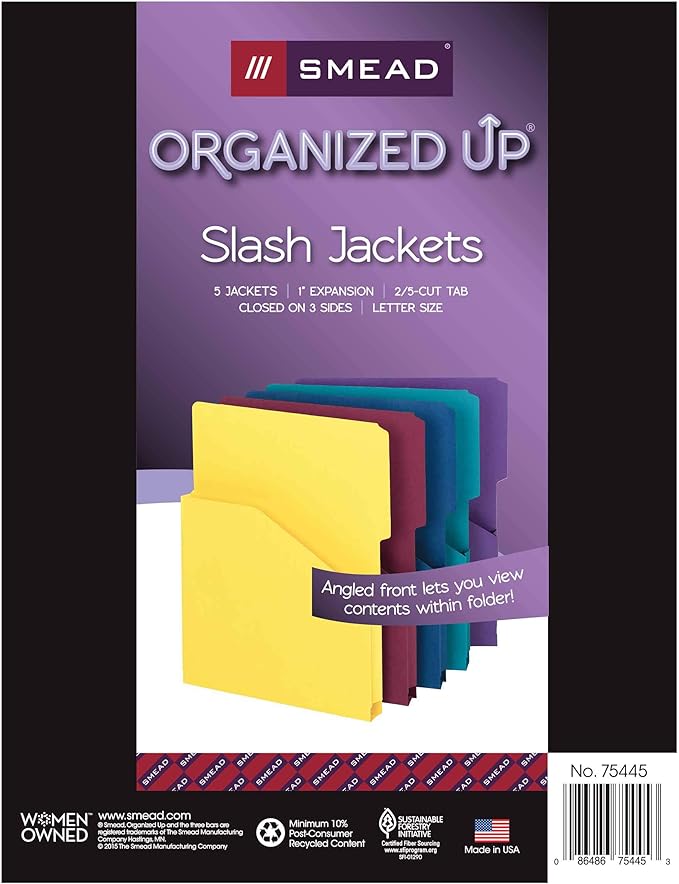 Smead Organized Up Expanding Slash Jacket, 2/5-Cut Tab, 1" Expansion, Letter Size, Assorted Colors, 5 per Pack (75445) (Pack of 12)