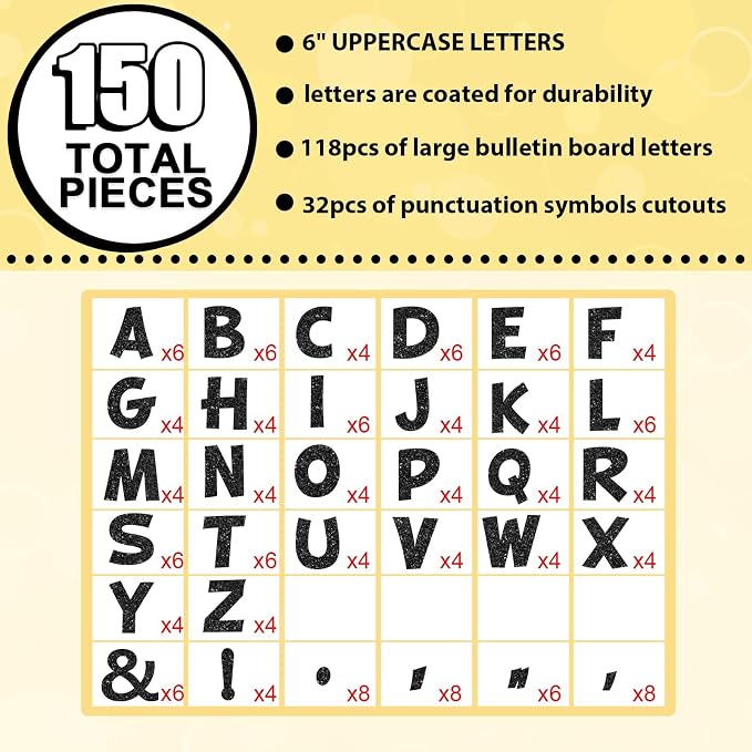 150 PCS Large 6" Bulletin Board Letters Set, Glitter Black Classroom Alphabet Cutout Letter for Bulletin Board Display Home School, A Great Helper to Inspire Students' Learning Interest