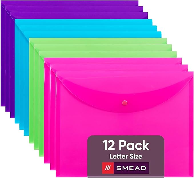 Smead, Poly Envelopes Plastic Folders, File Folders for Documents Letter Size with Snap Closure, Teacher School Office Supplies Organization Storage, Assorted Color, 12 Pack