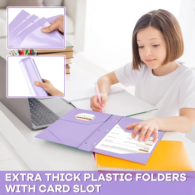 Henoyso 36 Pcs Plastic Folder with Clear Front Pocket and 3 Prong Plastic Folders with Card Slot Pocket Folders with Prongs for School Office (Light Purple)