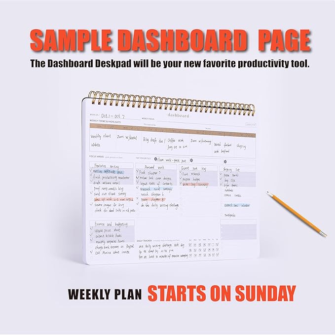 ZERONE CENTRE Productivity Weekly Planner - 54 Sheets Dashboard Spiral Deskpad Has 6 Focus Areas to List Tasks for Goals, Projects, Clients, Academic, or Shopping-Organize Your Daily Work Efficiently