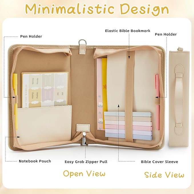 19PCS Floral Beige Leather Bible Cover for Women Bible Cover Cases for Teen Girls Christmas Gift Christian Church Carrying Bag Journaling Kit with Shoulder Strap Highlighter Pens & Book Marker