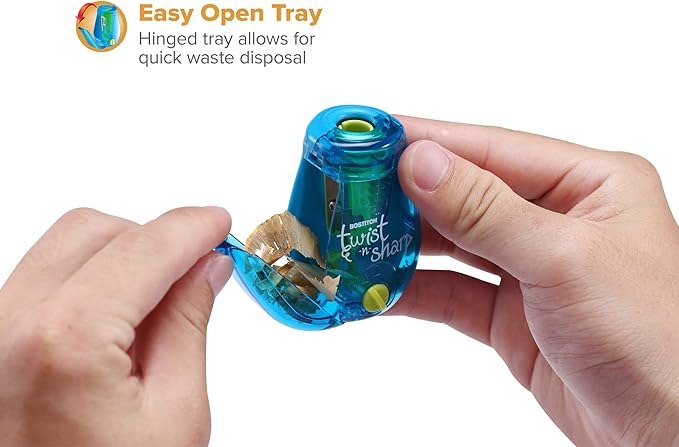 Bostitch Office Pencil Sharpener, Manual, Twist-n-Sharp with Shavings Tray, Kids, Boys, Girls, Colored Pencils, 3-Pack, Lime Green, Blue and Red