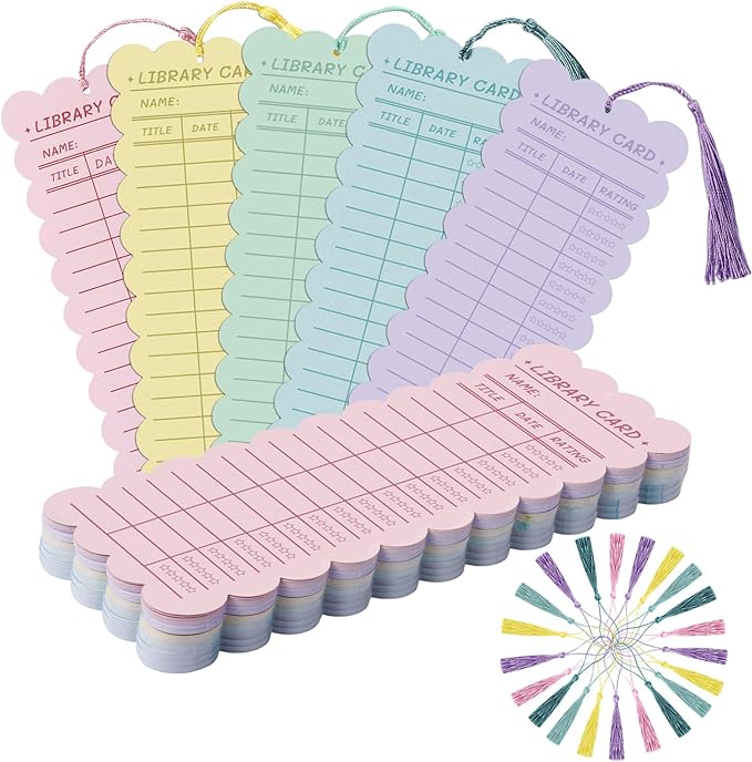 50 PCS Reading List Bookmarks Book Tracker with 50 Bookmark Tassels, 3 x 8 Inch Watercolor Library Card Reading Log Bookmark for Teachers Women Book Lovers