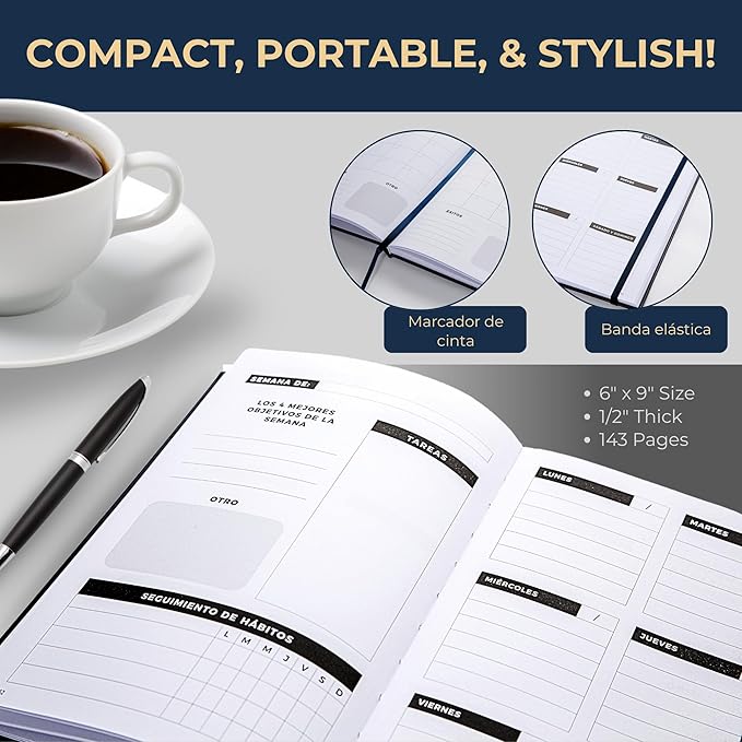 Spanish Weekly Planner & Habit Tracker – Undated 6"x9" Agenda en Español – Goal Setter, Monthly & Daily Organizer – Navy Blue Hardcover