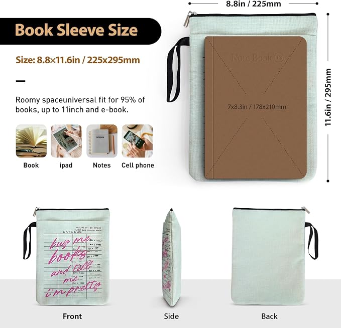 Buy Me Books and Tell Me I'm Pretty Book Sleeve for Women Book Lovers, Vintage Book Covers Protector for Paperbacks with Handle & Zipper for Bookish, Book Club Reading Accessorie Gifts for Chritsmas