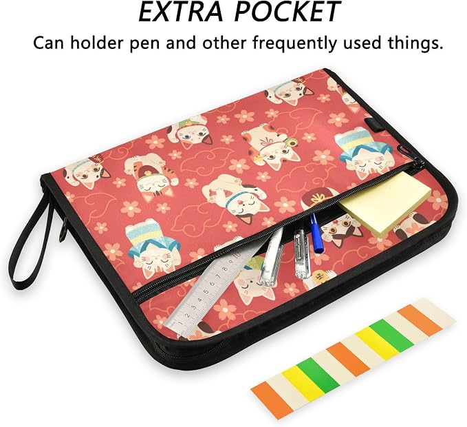 13 Pockets Expanding File Folder Japanese Maneki Cats Red with Sticky Labels Accordion File Folder Document Organizer Letter Size A4 Papers Expandable File Keeper