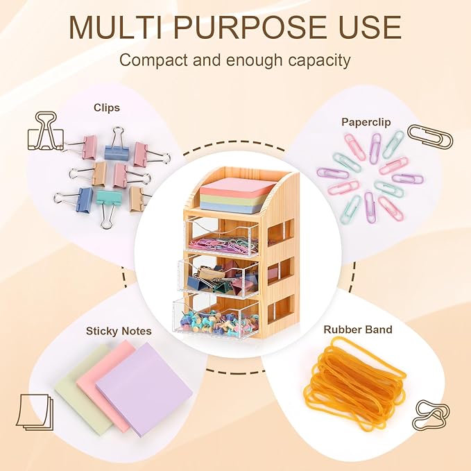 3 Drawer Desktop Accessory Storage Drawers Clear Desktop Organizer with Drawers Small Desk Organizer with Drawer Paper Clip and Binder Holder Wood Acrylic Sticky Note Holder 4.53"L x 4.1"W x 7.7"H