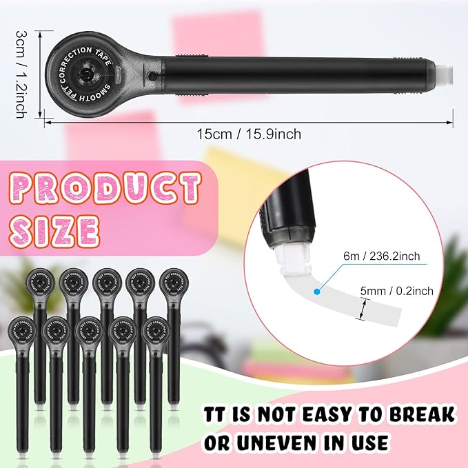 Gersoniel 10 Pack Correction Tape Pen Correctional Ink Tape Push Pull Protective, Easy to Use Applicator for School Office Supplies, 0.2 x 236 Inch (Black Color)