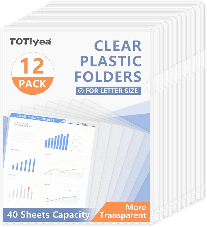 TOTiyea 12 Pack Clear Folder, 7Mil Plastic L-Type Folders, Clear Copy Safe Project Pocket, Fits Letter Size 8.5x11 Paper, Transparent