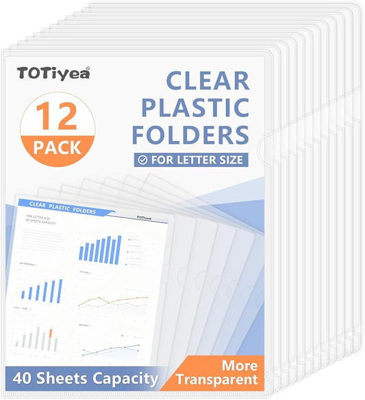 TOTiyea 12 Pack Clear Folder, 7Mil Plastic L-Type Folders, Clear Copy Safe Project Pocket, Fits Letter Size 8.5x11 Paper, Transparent