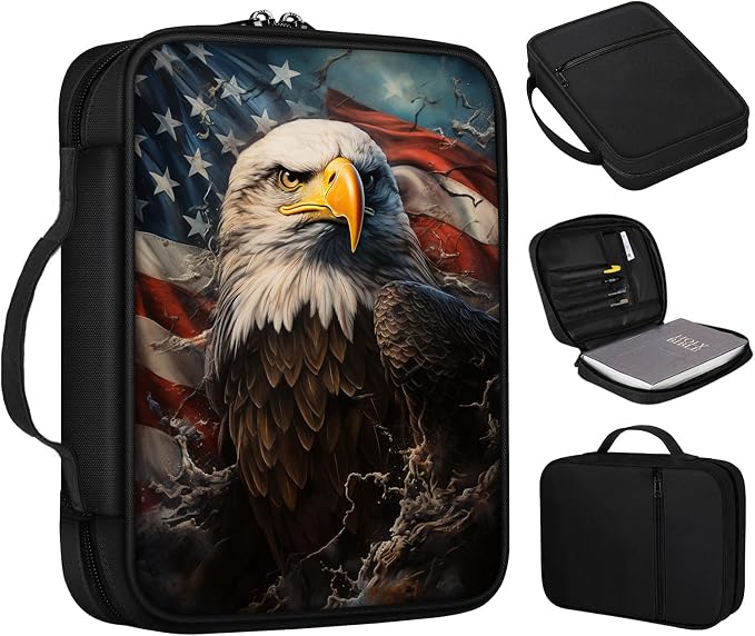Bible Cover, Patriotic Eagle Retro Flag Case With Handle and Zippered Pocket, Standard Size Holy Bible Bag, Women Gifts, Church Bag Portable Carrying Book Case for Study