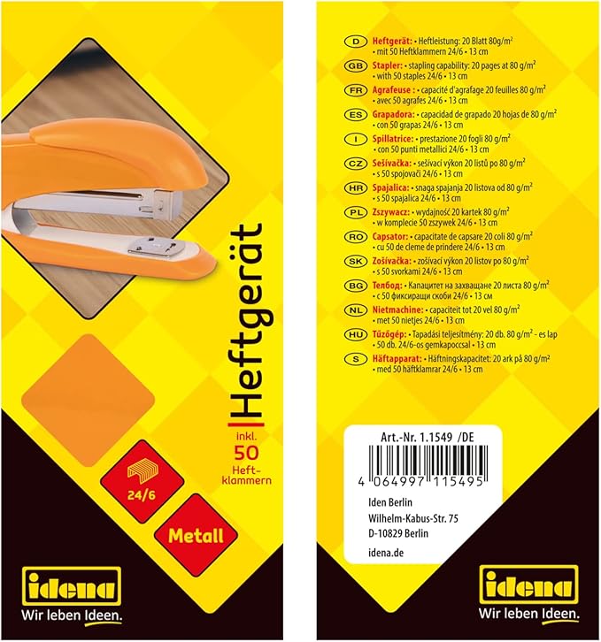 Idena 11549 Stapler 13 cm with 50 Staples 24/6 Orange for 20 Sheets