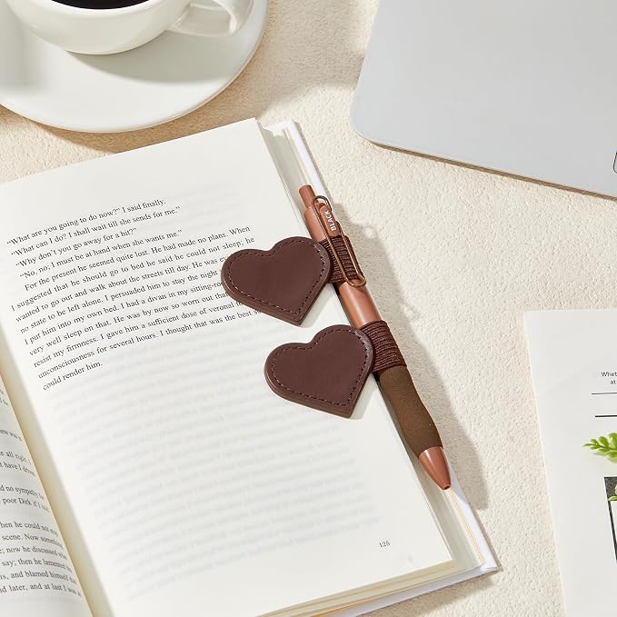 2Pcs Magnetic Leather Bookmarks with Gift Box Heart-Shaped Magnetic Pen Holder Book Marks Clip Gift for Book Lover Readers Cute Bookmark for Women, Brown