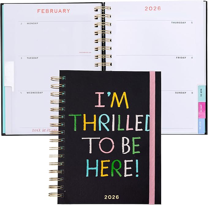 ban.do 12-Month Medium Daily and Weekly Planner Dated January 2026 - December 2026, Hard Cover Self Care Journal, Spiral Agenda with Monthly Calendar, Stickers, Art & Bonus Pages (Thrilled to Be Here)