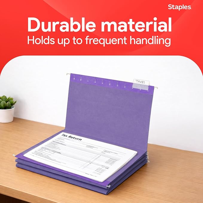 Staples Hanging File Folders, Letter Size, Purple, 1/5‑Cut Tabs, Tear‑Resistant, Includes Tabs & Inserts – 25/Pack
