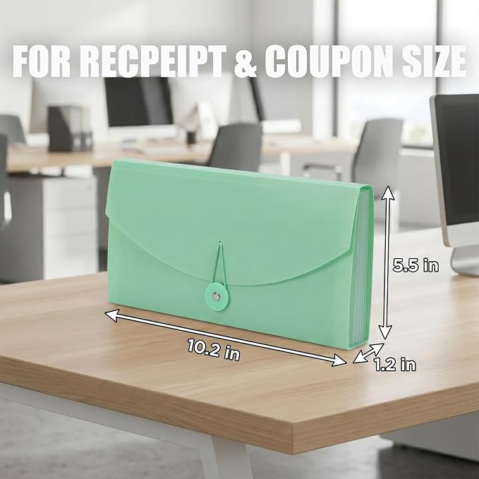 Portable 13-Pocket Receipt & Coupon Organizer, Small Expanding Accordion File Folder with Labels, Long Ticket Size Holder for Bills, Checks, and Travel Documents (10.2" x 5.5"), Green