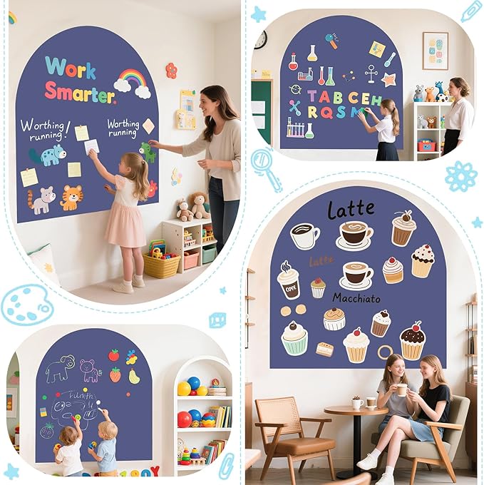 Magnetic Wall Decal for Kids 40x32 Inch Self Adhesive Magnetic Board Play Wall Dusty Blue Magnet Chalkboard for Wall with Letters and 12 Color Liquid Chalk for Playroom Home Office School