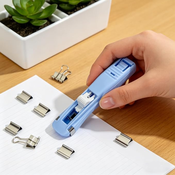 Portable Binder Clip Stapler, Includes 150 Reusable Clips, Push Clip Staplers, Mini Push Stapler Clamp Staplers for Desktop Document Home School Desk Office (L#)