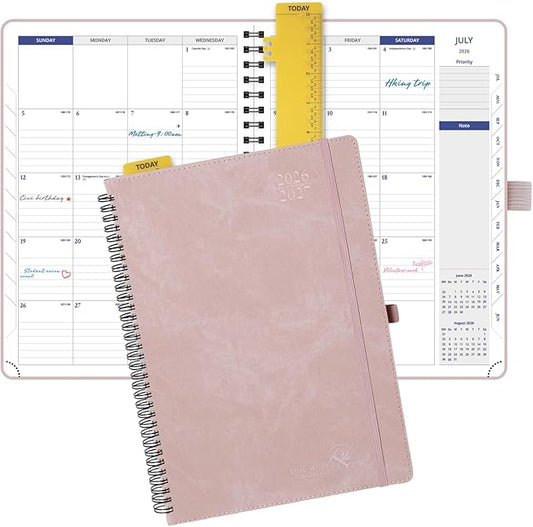 POPRUN 2026-2027 Monthly Planner, Large Size 8.25" x 11.75", Agenda Calendar from April 2026 to July 2027, Appointment Book with Leather Soft Cover, Spiral Bound, Monthly Tabs, Notes Pages - Pink