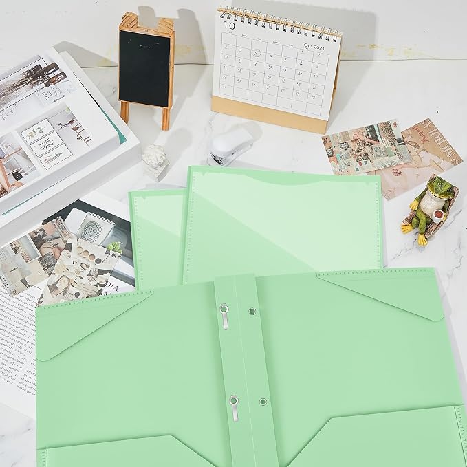 Henoyso 18 Pcs Plastic Folder with Clear Front Pocket and 3 Prong Plastic Folders with Card Slot Pocket Folders with Prongs for School Office (Light Green)