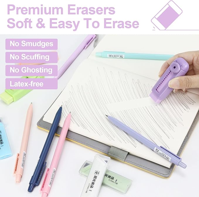 Buqoo Mechanical Pencil Set, 6PCS 0.7mm Cute Pastel Mechanical Pencils, 2Push-Pull Retractable Eraser with 80PCS HB 0.7 Lead Refill and Zipper Bag Pencil Kit for Art, Drawing Pencils for Sketching