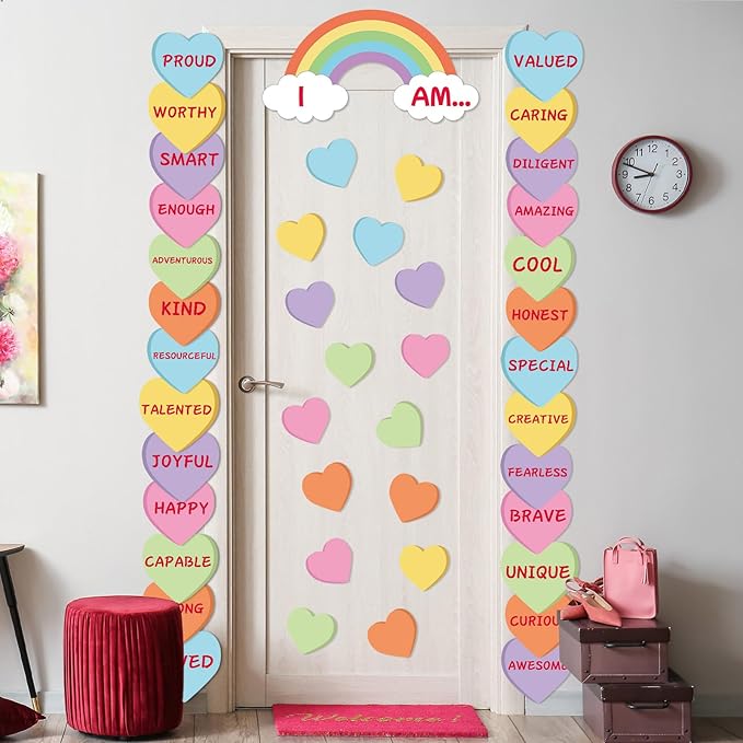 Spring April Bulletin Board Decoration Set Motivational Affirmation Station Classroom Decorations Inspirational Rainbow Heart Paper Cutouts for Kids Back to School Chalkboard Wall Door Decor