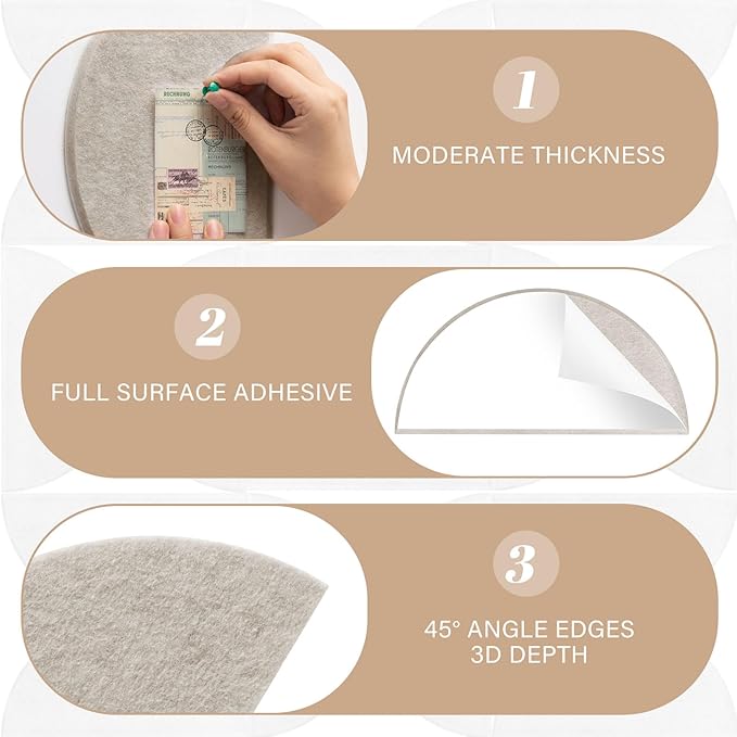 Mindsoft 24 Pack Decorative Bulletin Board Felt Wall Tiles Bulk 11.8"x5.9" Semi-Circle Large Wall Art with Removable Adhesive Tabs for Customizable DIY Home Office Decoration Gift (White)