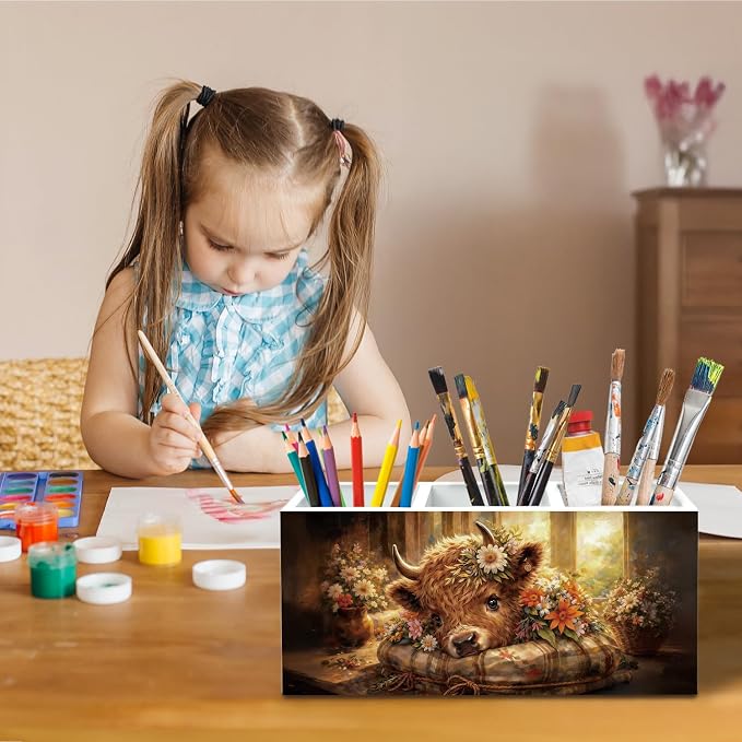 Rustic Wildflower Highland Cow Pen Holder for Desk, Highland Cow Gifts for Women Pencil Organizer, Cottagecore Farm Heifer Wooden Box Sign Desk Decor for Home Office Decoration