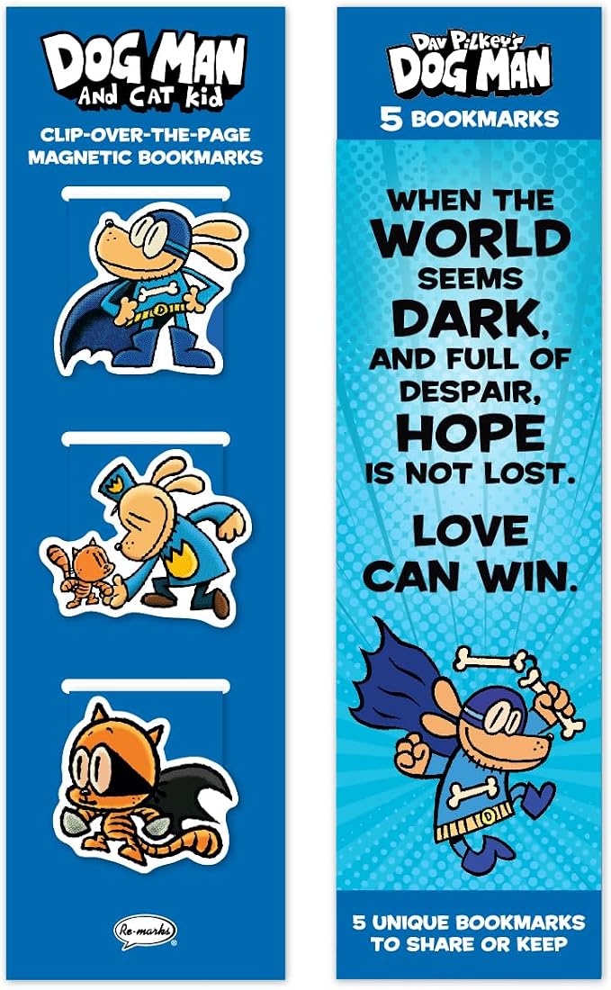 Re-marks “Dog Man and Cat Kid” Collection - 1 Set of 3 Magnetic Page Clips and 1 Set of 5 Multi-Pack Bookmarks