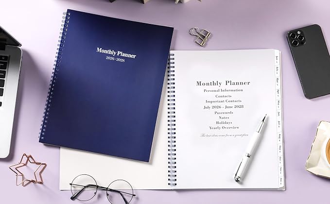 2026-2028 Monthly Planner - 2 Year Monthly Planner/Calendar 2026-2028, July 2026 - June 2028, 11" x 9", 24 Monthly Planner with Tabs, Back Pocket, Holidays, Twin-Wire Binding, Note Pages