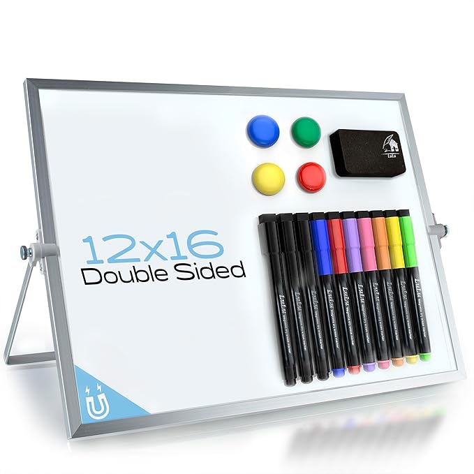 12x16 Magnetic Dry Erase Whiteboard with Stand – Double-Sided Desktop Board, 10 Markers, 4 Magnets & Eraser - Silver Frame | LULU OFFICE