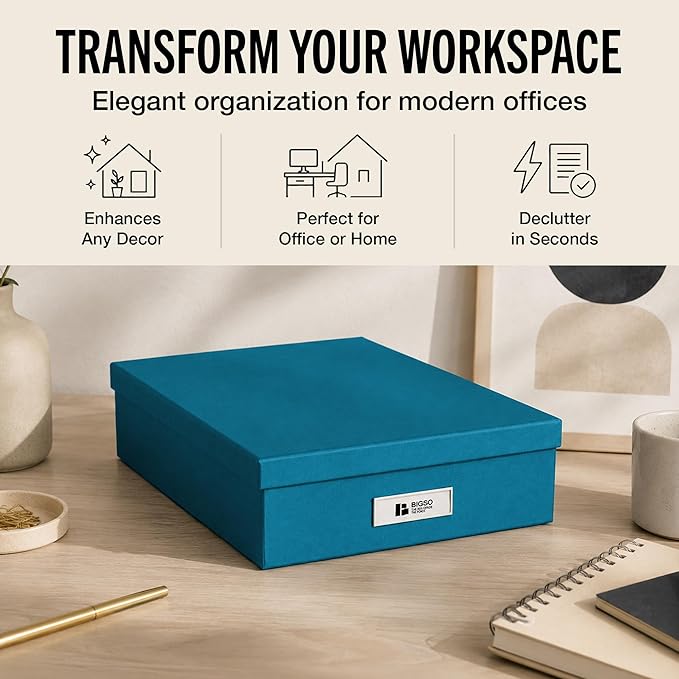 Bigso Oskar Fiberboard Label Frame Document Letter Box - File Organizer Box for Important Paperwork - Document Storage with a Lid & Label Window - 3.3 in x 10.2 in x 13.8 in - 3 Pack - Turquoise