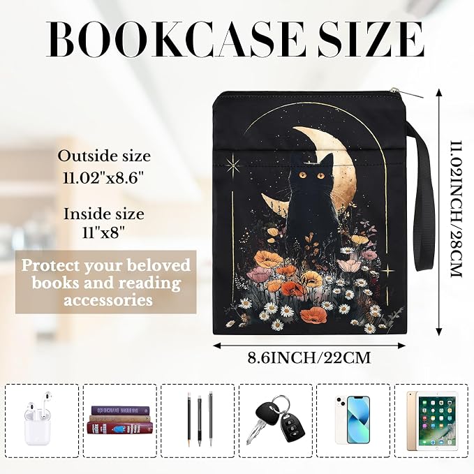 Book Sleeve with Zipper - Black Cat Books Cover Protector for Paperbacks Flower Moon Waterproof Bookish Pouch Reader Librarian Accessories Halloween Christmas New Year Gifts for Bookworms